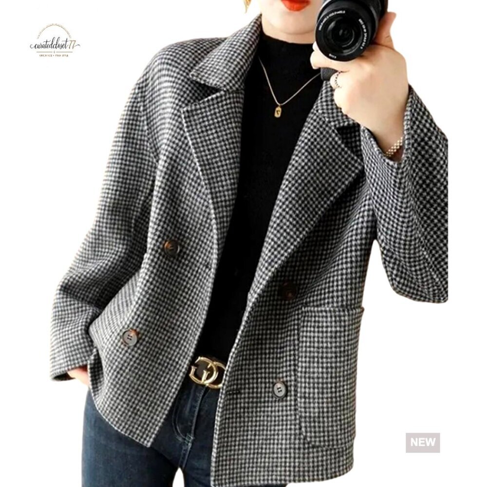 Cropped Wool Pea Coat Double Breasted Houndstooth Blazer Jacket Loose Fit